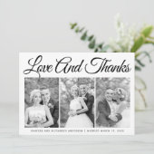 Typografie Hochzeit Danke, drei Foto Collage Dankeskarte (Stehend Vorderseite)