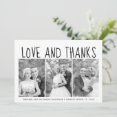 Typografie Hochzeit Danke, drei Foto Collage Dankeskarte (Stehend Vorderseite)