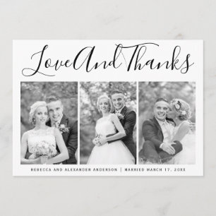 Typografie Hochzeit Danke, drei Foto Collage Dankeskarte