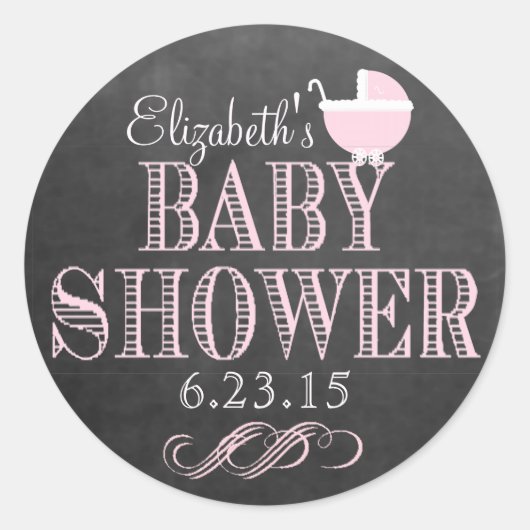 Typografie-Khalkboard Pink Carriage Baby-Dusche Runder Aufkleber (Vorderseite)
