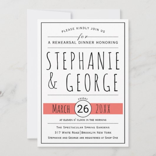 Typografie lebende Korallenhochzeit Probe Abendess Einladung (Vorderseite)