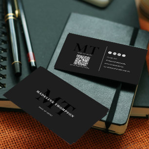 Typografie Luxury Schwarz Dunkelgrau Monogram QR-C Visitenkarte