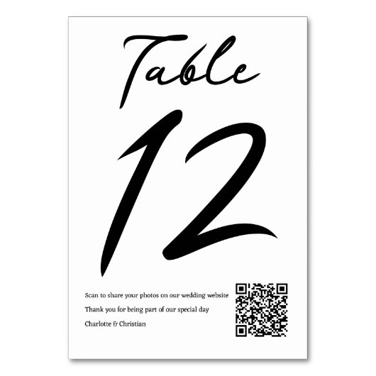 Typografie Minimalistische Hochzeit mit QR-Code Tischnummer (Rückseite)