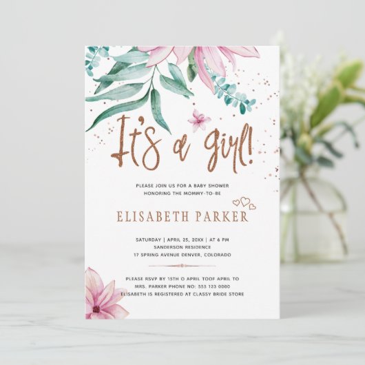 Typografie modern ist eine Blumendusche für Mädche Einladung (Stehend Vorderseite)