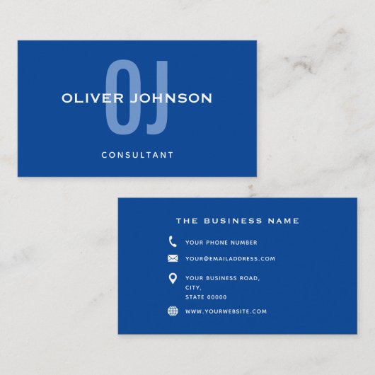 Typografie Monogram Name Initials Blue White Basic Visitenkarte (Vorne/Hinten)