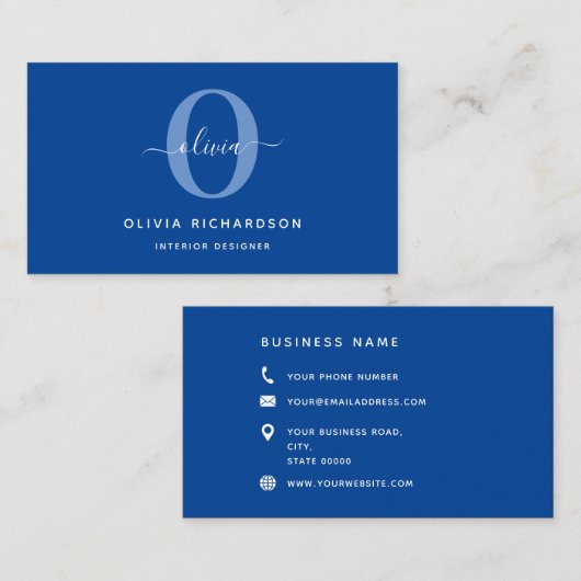 Typografie Monogram Script Name Blue White Girl Visitenkarte (Vorne/Hinten)