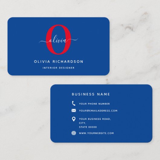 Typografie Monogram Script Name Blue White Red Visitenkarte (Vorne/Hinten)