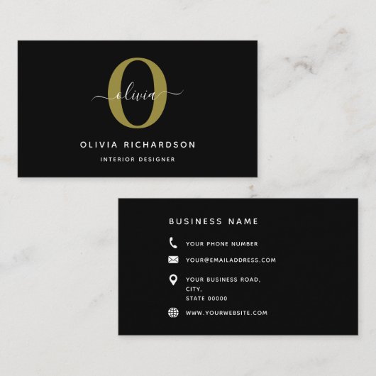 Typografie Monogram Script Name Schwarz-weiß Gold Visitenkarte (Vorne/Hinten)