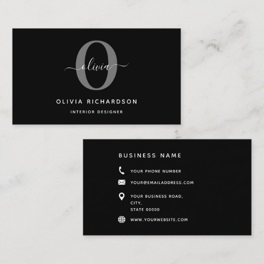 Typografie Monogram Script Name Schwarz-weiß Grau Visitenkarte (Vorne/Hinten)