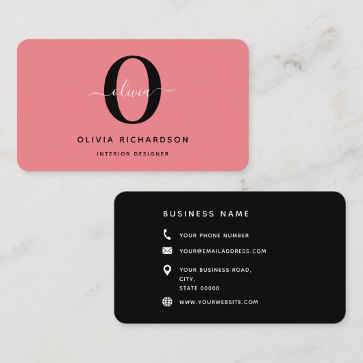 Typografie Monogram Script Name Schwarz-weiß Pink Visitenkarte (Vorne/Hinten)