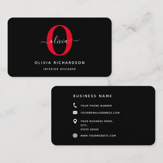 Typografie Monogram Script Name Schwarz-weiß Red Visitenkarte (Vorne/Hinten)