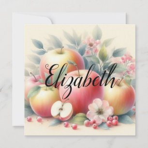 Typografie Name Herbstlaube und Äpfel Aquarell Feiertagskarte