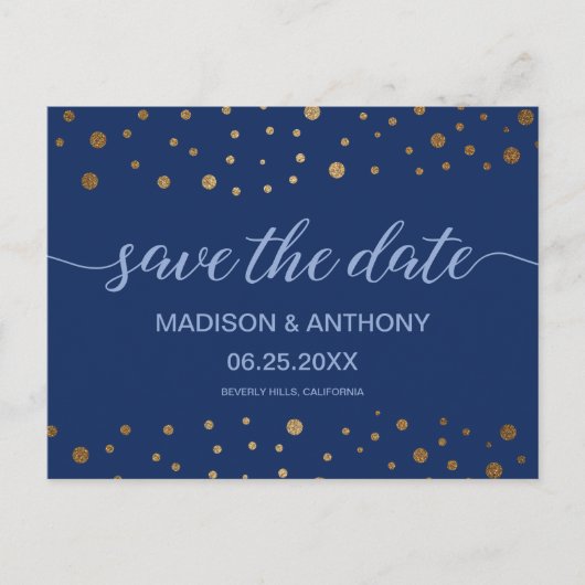 Typografie Navy Blue Gold Hochzeit Speichern Sie d Postkarte (Vorderseite)