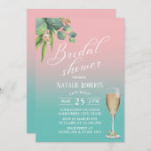 Typografie Pastell Pink Aquamarines Foliage Brautp Einladung (Vorne/Hinten)