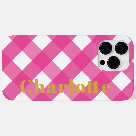 Typografie Pink Gingham iPhone Case mit Name (Rückseite (Horizontal))