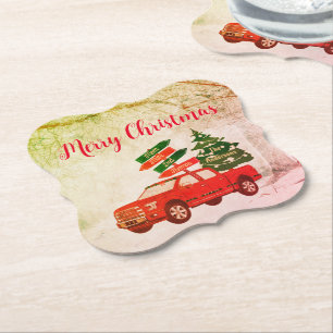 Typografie Red Green Truck Rustic Frohe Weihnachte Untersetzer