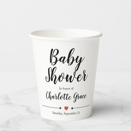 Typografie Schwarz-weiß Baby Shower Herz Pappbecher (Rückseite)