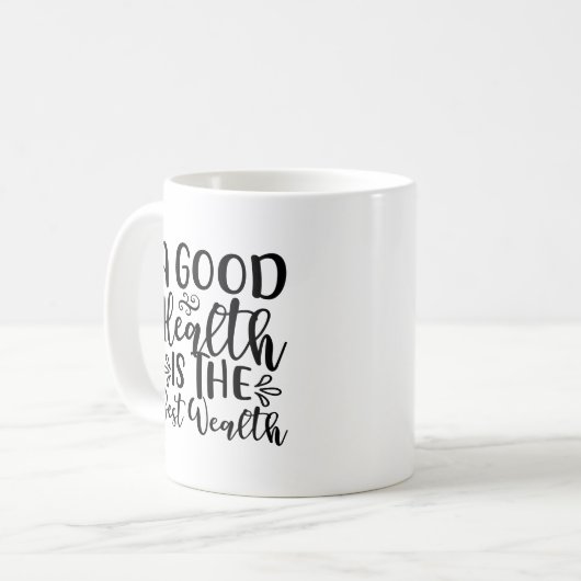 Typografie Script Health ist Wealth Black & White Kaffeetasse (Vorderseite Links)