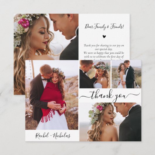 Typografie Script Heart 4 Foto Collage Wedding Dankeskarte (Vorne/Hinten)