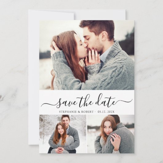 Typografie Script Minimal 3 Foto Collage Wedding Save The Date (Vorderseite)