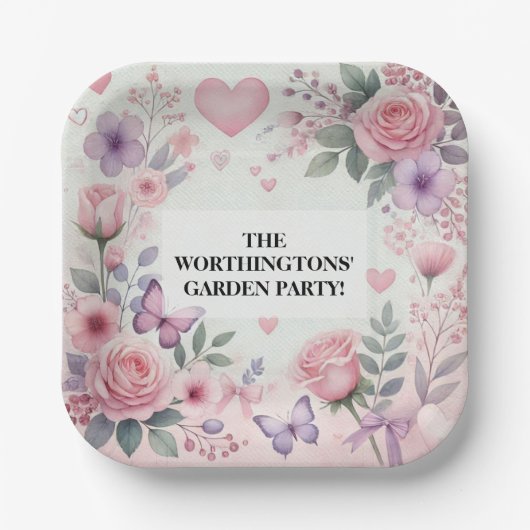 Typografie Text Blumenherzen romantische Aquarellf Pappteller (Vorderseite)