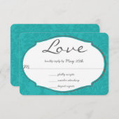 Typografie Türkise Blue Damask Wedding RSVP Karte (Vorne/Hinten)