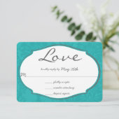 Typografie Türkise Blue Damask Wedding RSVP Karte (Stehend Vorderseite)