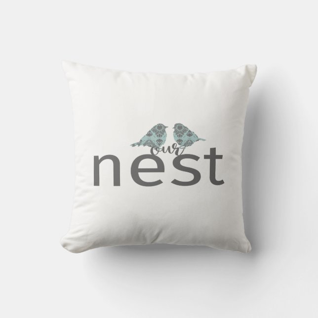 Typografie "Unser Nest" Graue und blaue Liebesvöge Kissen (Vorderseite)