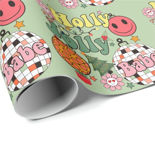 Typografie von Holly Jolly Babe Retro 70 Geschenkpapier (Rolleneckpunkt)