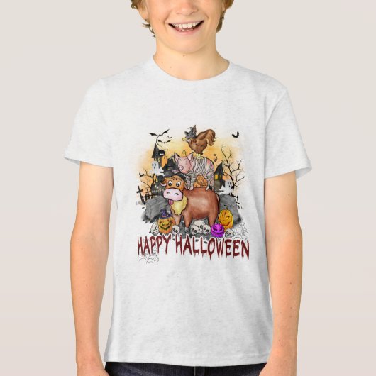 Typografie von niedlichen Halloween-Nutztieren Tri-Blend Shirt (Vorderseite)