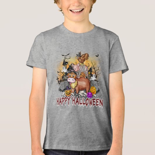 Typografie von niedlichen Halloween-Nutztieren Tri-Blend Shirt (Vorderseite)