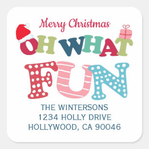 Typografie Was für ein Spaß Weihnachts-Rücksendeet Quadratischer Aufkleber