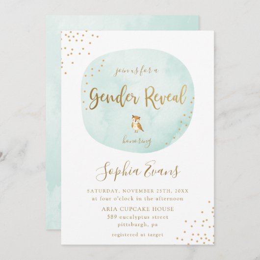 Typografie Watercolor Gender Reveal Green Gold Einladung (Vorne/Hinten)