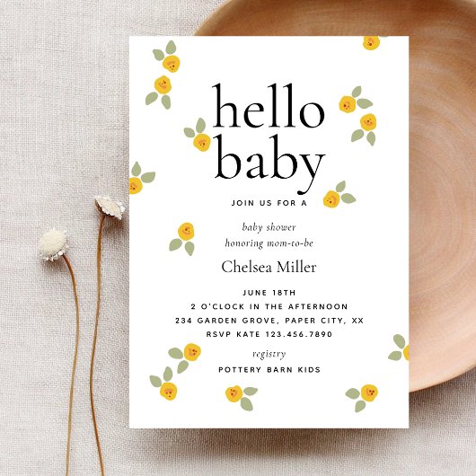 Typografie Yellow Floral Hello Baby Dusche Einladung