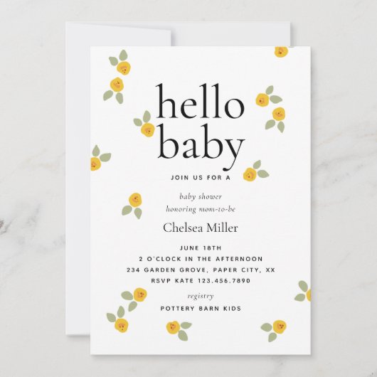 Typografie Yellow Floral Hello Baby Dusche Einladung (Vorderseite)