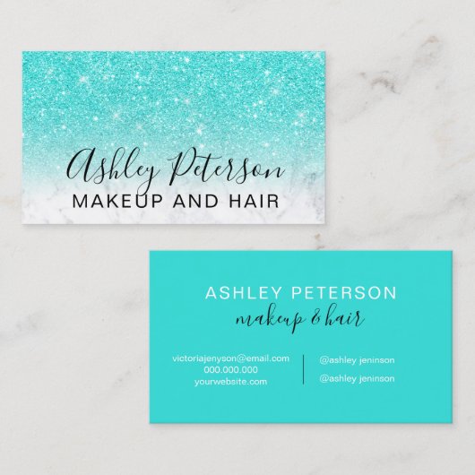 Typografiemarmor-Türkis-Glitter des Makes-up Visitenkarte (Vorne/Hinten)