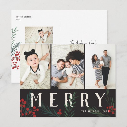 Typografische Botanicals 3 Foto Merry Feiertagspostkarte (Vorne/Hinten)