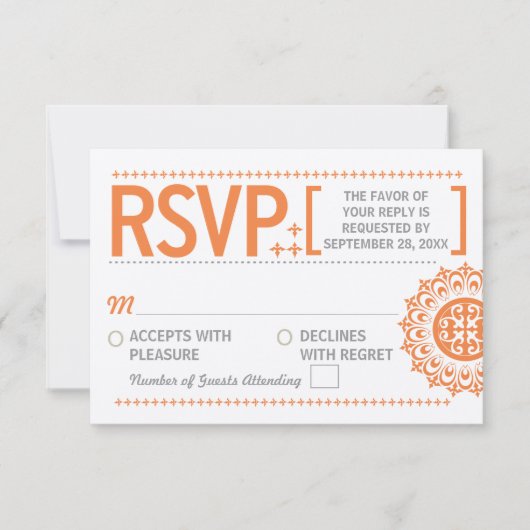 Typografische ornamental-orangefarbene Hochzeitsre RSVP Karte (Vorderseite)