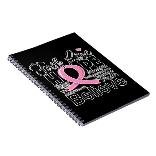 Typografischer Glaube Liebe Hoffnung auf Brustkreb Notizblock (Rechte Seite)