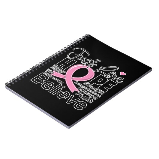 Typografischer Glaube Liebe Hoffnung auf Brustkreb Notizblock (Linke Seite)