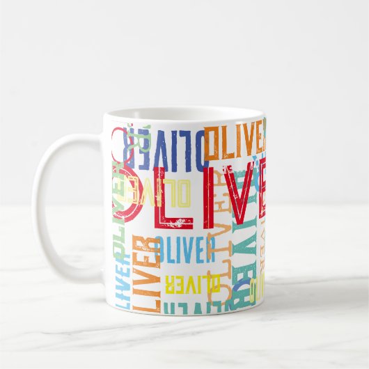 Typografischer, zeitgenössischer Name in Farben Kaffeetasse (Links)