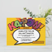 Typografisches Modernes Comic Buch Pop Hochzeit Einladung (Stehend Vorderseite)