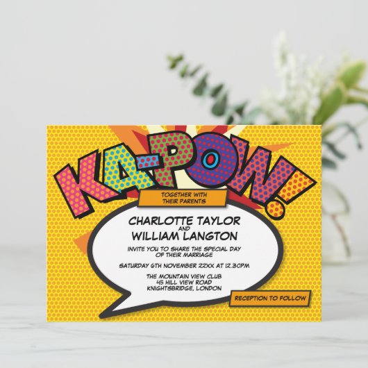Typografisches Modernes Comic Buch Pop Hochzeit Einladung (Stehend Vorderseite)