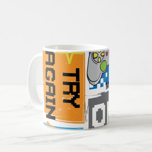 Typografisches Spiel Pixel: spielerischer Hintergr Kaffeetasse (Vorderseite Links)