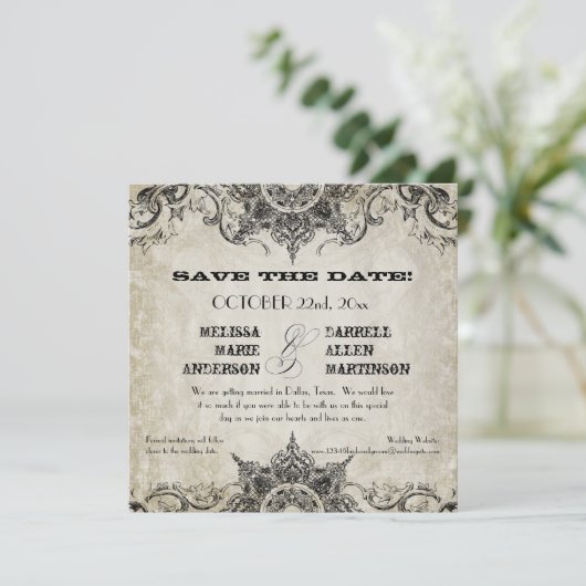 Typografy Style Gravers Schriftart Swirl Schnörkel Save The Date (Stehend Vorderseite)