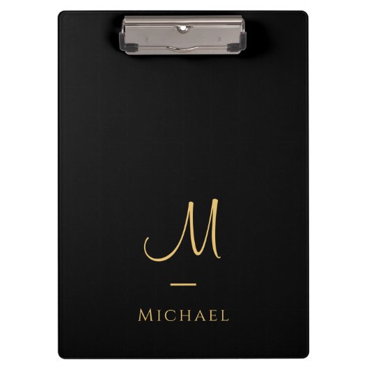 Typography Monogram Clipboard Elegant Black Gold Klemmbrett (Vorderseite)