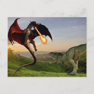 Tyrannosaurs Vs Red Fire Breathing Dragon Battle Postkarte