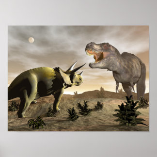Tyrannosaurus brüllt bei Triceratops - 3D-Darstell Poster