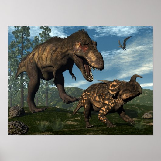 Tyrannosaurus-Rex attackiert Einiosaurus-Dinosauri Poster (Vorne)