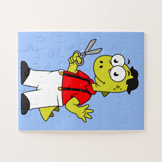 Tyrannosaurus Rex Barber mit Scheren. Puzzle (Horizontal)